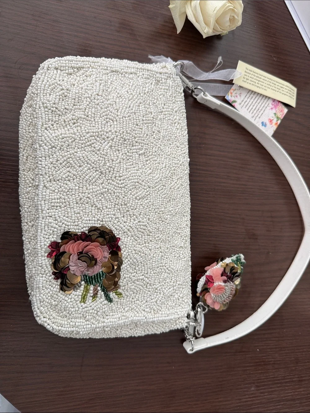 White Beaded Floral Evening Clutch with Pink & Green Embroidery